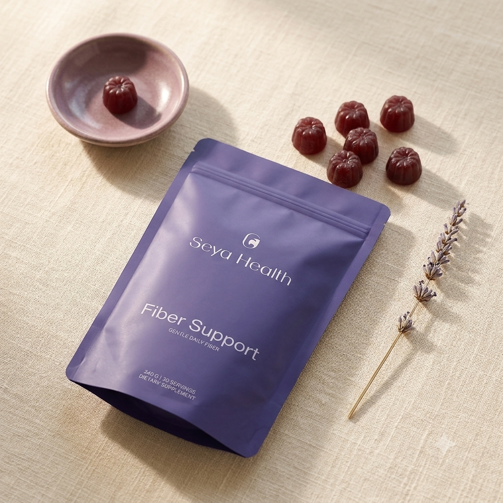 Fiber pouch and gummies flat-lay