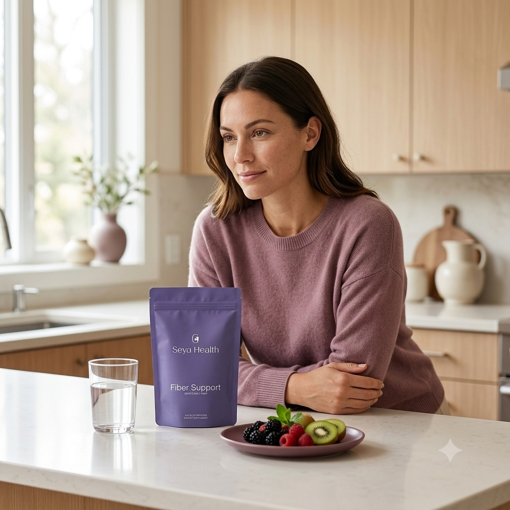 Woman calm around food with Seya Fiber
